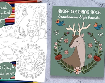 Hygge Coloring Book | Nordic Style Animals Coloring for Adults and Kids | 30 Cozy and Cute Printable Pages for Relaxation | Instant Download