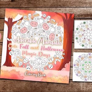 Könnte beinhalten: Ein Malbuchcover mit rosa Hintergrund und einem Baum mit Herbstlaub. Das Cover zeigt ein Mandala-Design mit niedlichen Herbst- und Halloween-Motiven. Der Titel des Buches lautet "Adorable Mandalas Cute Fall and Halloween Magic Days Coloring Book".