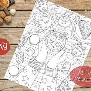Christmas Coloring Page for Adults | Hygge Coloring | Cozy Coffee and Cookies Nordic Style | Digital Printable Art Instant Download