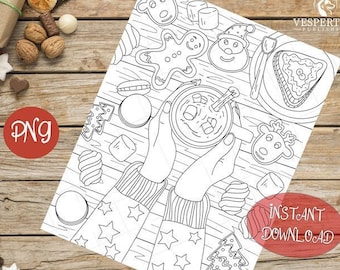 Christmas Coloring Page for Adults | Hygge Coloring | Cozy Coffee and Cookies Nordic Style | Digital Printable Art Instant Download