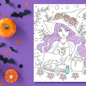 Beautiful witch coloring page for adults japanese manga chinese style