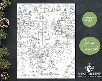 Christmas Coloring Page for Adults | Christmas Tree and Snowman | Country Farm | Procreate Digital Coloring | Printable Art Instant Download