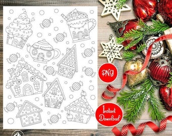 Christmas Coloring Page for Adults and Kids | Gingerbread House Cookies | Festive Sweets and Treats | Digital Printable Art Instant Download