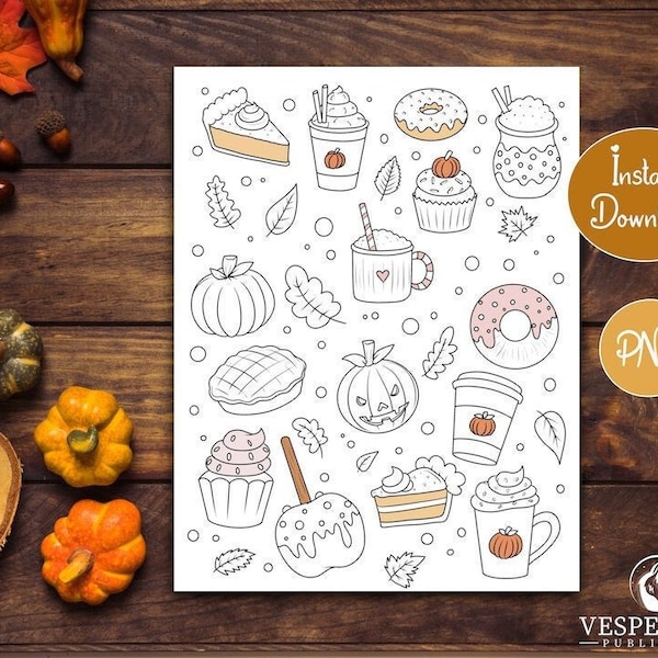 Autumn Coloring Page for Kids and Adults | Thanksgiving Sweets and Treats | Pumpkin Pie, Spice Latte, Cupcakes | Printable Instant Download