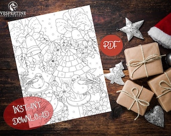 Christmas Coloring Page for Adults | Christmas Robin Birds | Printable Instant Download Line Art | Holiday Book | Procreate Digital Coloring