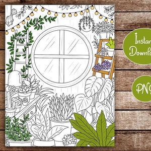 Cute Interior Design Coloring Page for Adults | Cozy Boho Home | Greenhouse Succulent Plants | Digital Art | Printable Instant Download