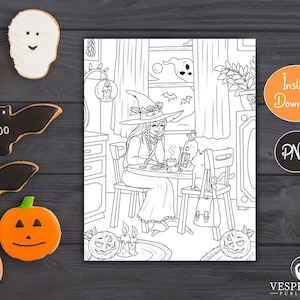 May include: A black and white coloring page featuring a witch with a cat sitting at a table with a teapot and cups. The witch is wearing a long dress and a pointed hat. The cat is sitting on a chair. The background includes a window with a ghost and a fireplace.