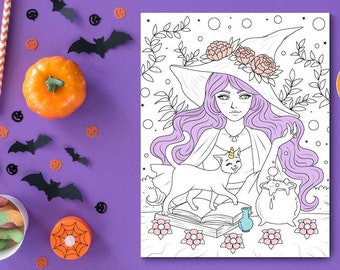 Halloween Coloring Page for Adults | Good Witch and Caticorn | Magic Potion Making | Cauldron | Witchy Cat | Printable Instant Download