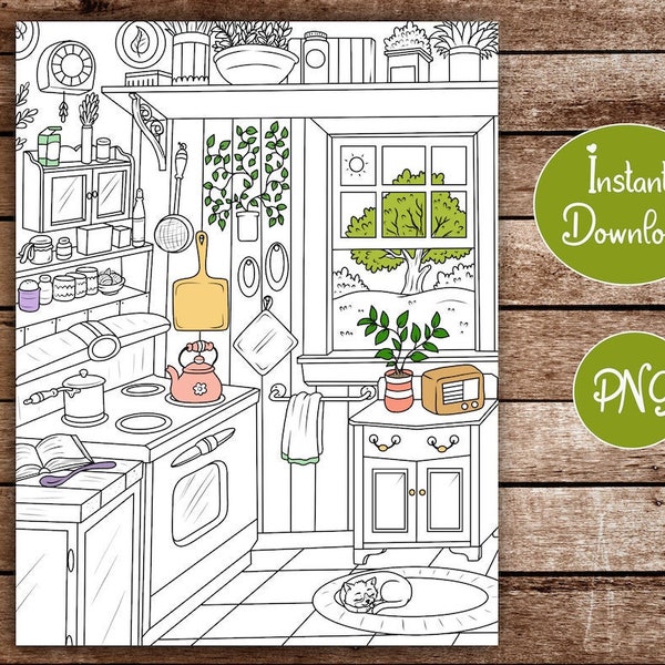 Cute Interior Design Coloring Page for Adults | Cozy Boho Home | Country Kitchen | Digital Art | Printable Instant Download