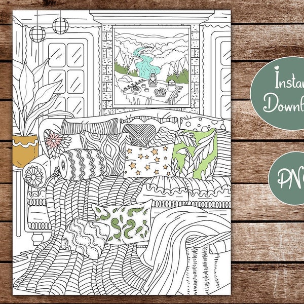 Hygge Coloring Page | Cozy Home Interior Design Boho and Nordic | Living Room | Coloring Book for Adults | Printable Instant Download