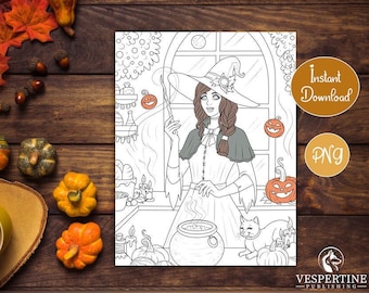 Halloween Coloring Page for Adults | Good Witch in Herbal Kitchen | Magic Potion Making | Cauldron | Witchy Cat | Printable Instant Download