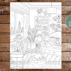 Hygge Coloring Page | Cozy Home Interior Design Boho and Nordic | Plant & Cat Lover | Coloring Book for Adults | Printable Instant Download
