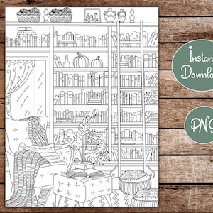 Hygge Coloring Page | Cozy Home Interior Design Boho and Nordic | Books Library | Coloring Book for Adults | Printable Instant Download