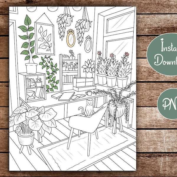 Home Office Coloring Page for Adults | Cute and Cozy Home Interior Design Boho-Nordic | Plant Lovers | Printable Instant Download Lineart