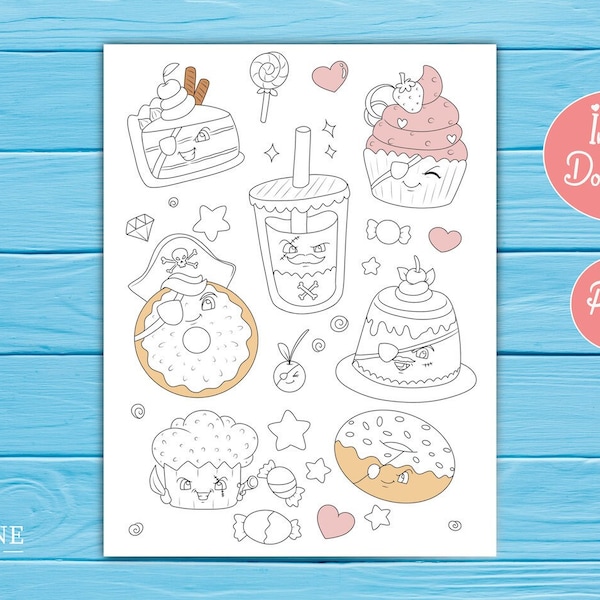 Kawaii Coloring Page | Cute Pirate Donuts, Cupcakes and Desserts | Sweet Tooth Lover | Coloring Page for Adults | Printable Instant Download