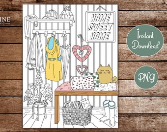 Hygge Coloring Page | Cozy Interior Design Boho and Nordic | Sweet Home Entryway | Coloring Book for Adults | Printable Instant Download