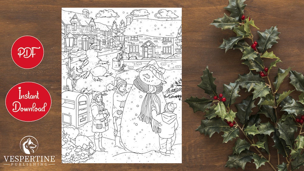 Christmas Coloring Page for Adults | Kids Making a Snowman | Winter Nice Little Town | Cozy Snowy Scene | Printable Art Instant Download