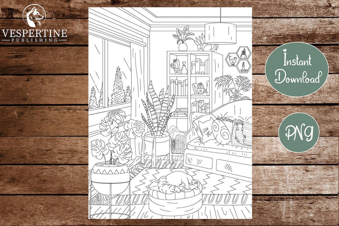 Hygge Coloring Page | Cozy Home Interior Design Boho and Nordic | Plant ...