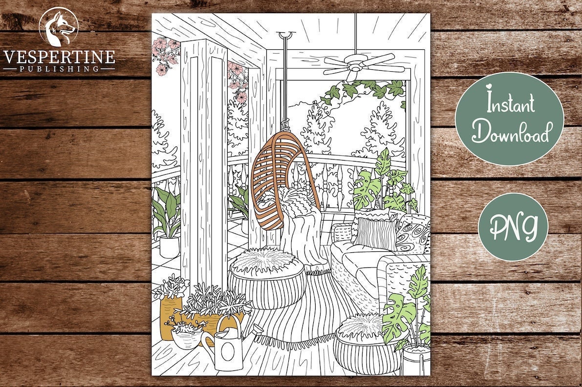 Hygge Coloring Page for Adults | Cozy Home Interior Design Boho and ...
