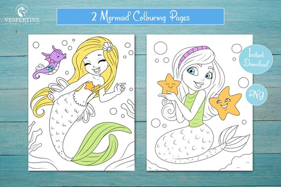 Two Mermaid Coloring Pages Fantasy Coloring for Kids Cute - Etsy