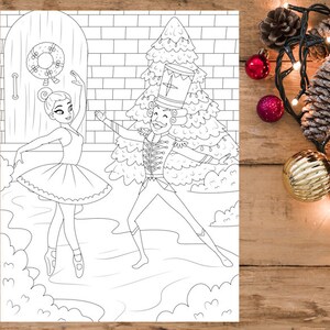 Christmas Coloring Page for Adults and Kids | Nutcracker Christmas Ballerina | Magical Ballet Stage | Digital Printable Art Instant Download