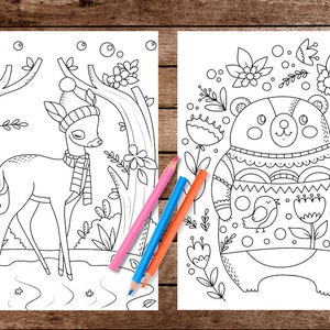 Scandi Bear and Cute Deer, scandinavian style coloring