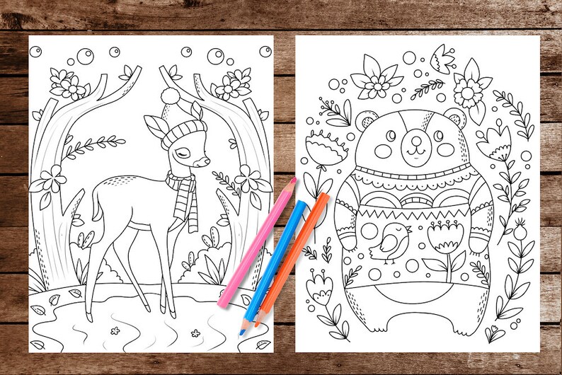 Scandi Bear and Cute Deer, scandinavian style coloring