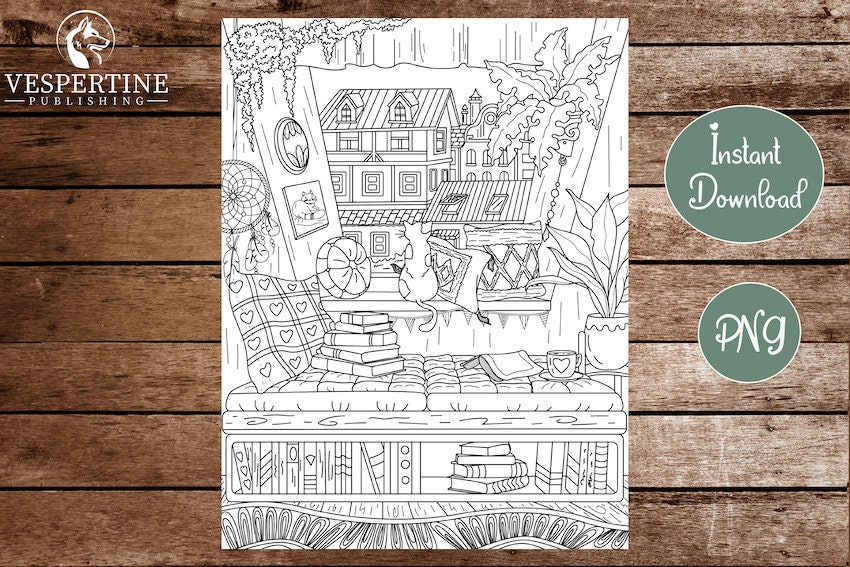 Hygge Coloring Page | Cozy City Windowsill With Book Nook | Boho Plant ...
