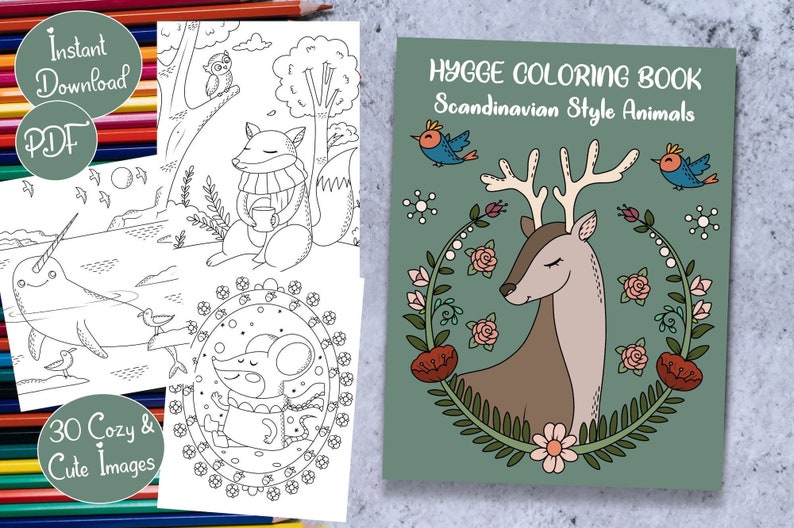 Nordic coloring pages for kids, adults and teens, deer, mouse, narwhal, fox, cute colouring heaven