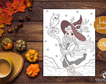 Halloween Coloring Page for Adults | Druid Girl and Owl | Wild Nature Magic | Samhain Coloring | Printable Instant Download