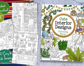Cute Interior Designs Coloring Book for Adults | Boho and Nordic Interior | 30 Cozy Printable Pages for Relaxation | Instant Download