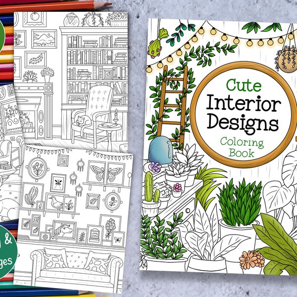 Libro para colorear de diseños de interiores acogedores / Habitaciones bohemias y nórdicas / 30 páginas imprimibles / Descarga instantánea