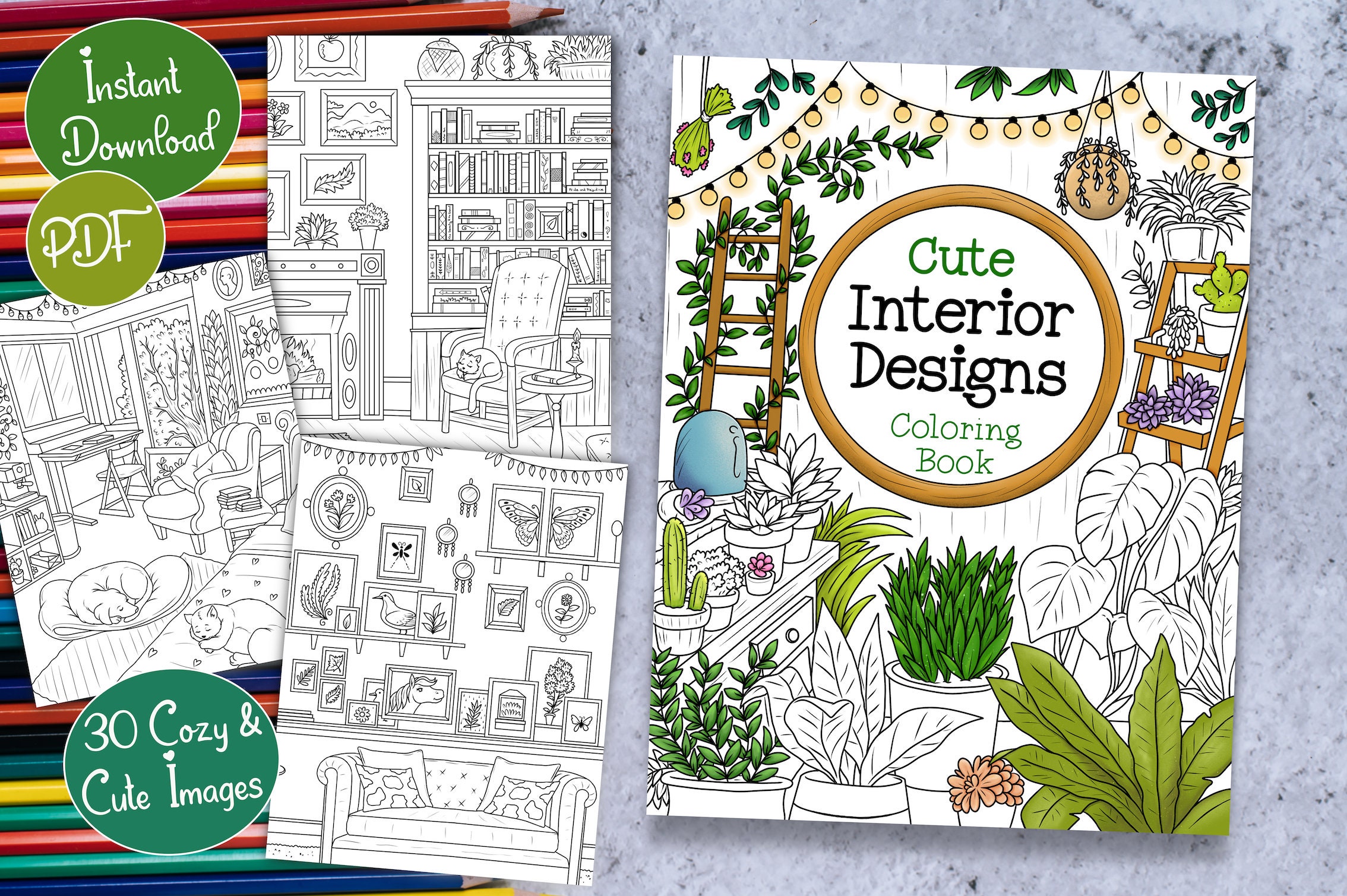 Cute Interior Designs Coloring Book for Adults – Boho & Nordic Rooms, 30 Cozy Printable Pages, Instant Download - Image 1