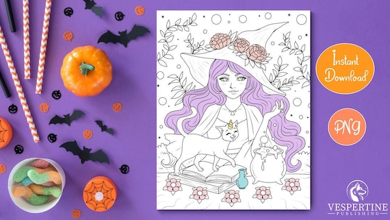 Halloween Coloring Page for Adults | Good Witch and Caticorn | Magic Potion Making | Cauldron | Witchy Cat | Printable Instant Download