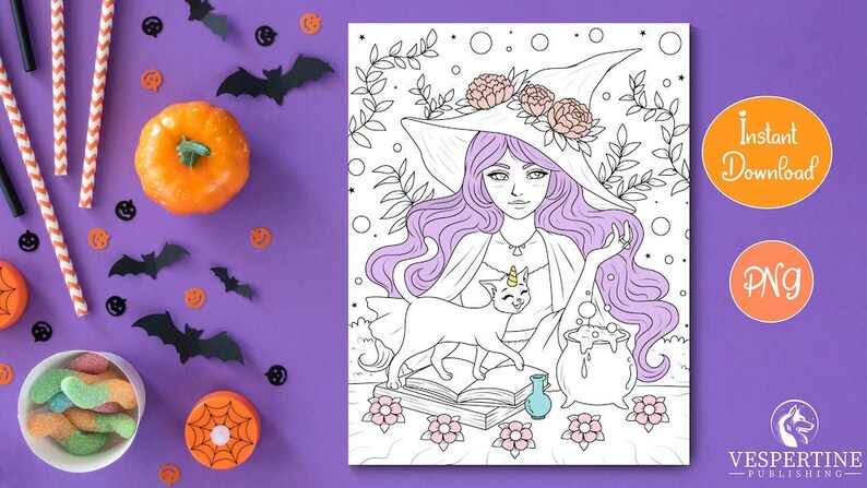 Beautiful witch coloring page for adults japanese manga chinese style