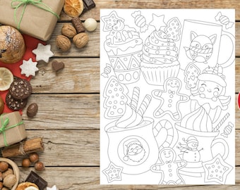 Christmas Coloring Page for Adults and Kids | Christmas Sweets and Treats | Cozy Mugs and Hot Chocolate | Printable Art Instant Download