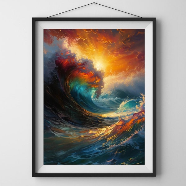 Colorful Wave Print, Digital Download, Abstract Ocean Waves, Vibrant Sunset Wall Art, Coastal Decor, Modern Beach Style, Instant Download