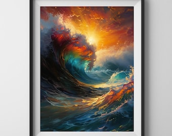 Colorful Wave Print, Digital Download, Abstract Ocean Waves, Vibrant Sunset Wall Art, Coastal Decor, Modern Beach Style, Instant Download