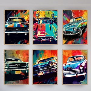 Vintage Pop Art Car Prints, Colorful Retro Car Wall Art Set of 6, Classic Vehicle Home Decor, Vintage Cars Illustration, Digital Download