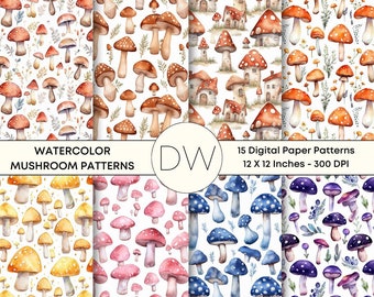 15 Boho Seamless Digital Paper Mushroom Patterns, Watercolor Mushrooms, Boho Scrapbook, Commercial Use, Watercolor Pattern, Boho Backgrounds