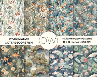 15 Boho Seamless Digital Paper Fish Patterns, Watercolor Style, Cottagecore Fish, Boho Scrapbook, Commercial Use Patterns, Boho Backgrounds