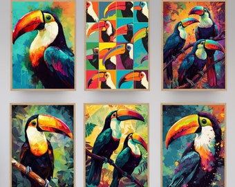 Colorful Toucan Pop Art Prints, Set of 6, Vintage & Retro Tropical Bird Wall Art, Stylish Home Decor, Digital Download, Instant Artwork