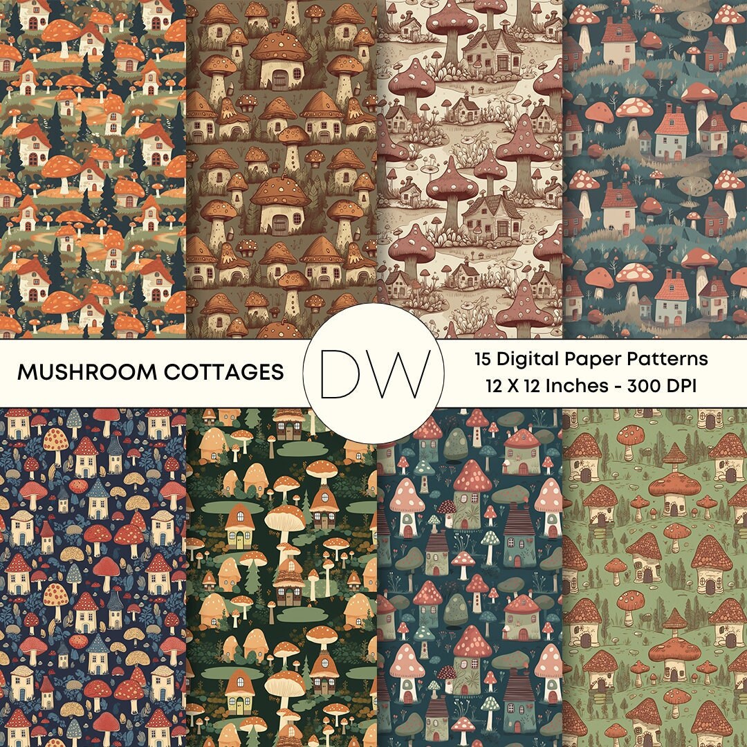 15 Boho Seamless Digital Paper Patterns, Cottagecore Mushroom, Boho