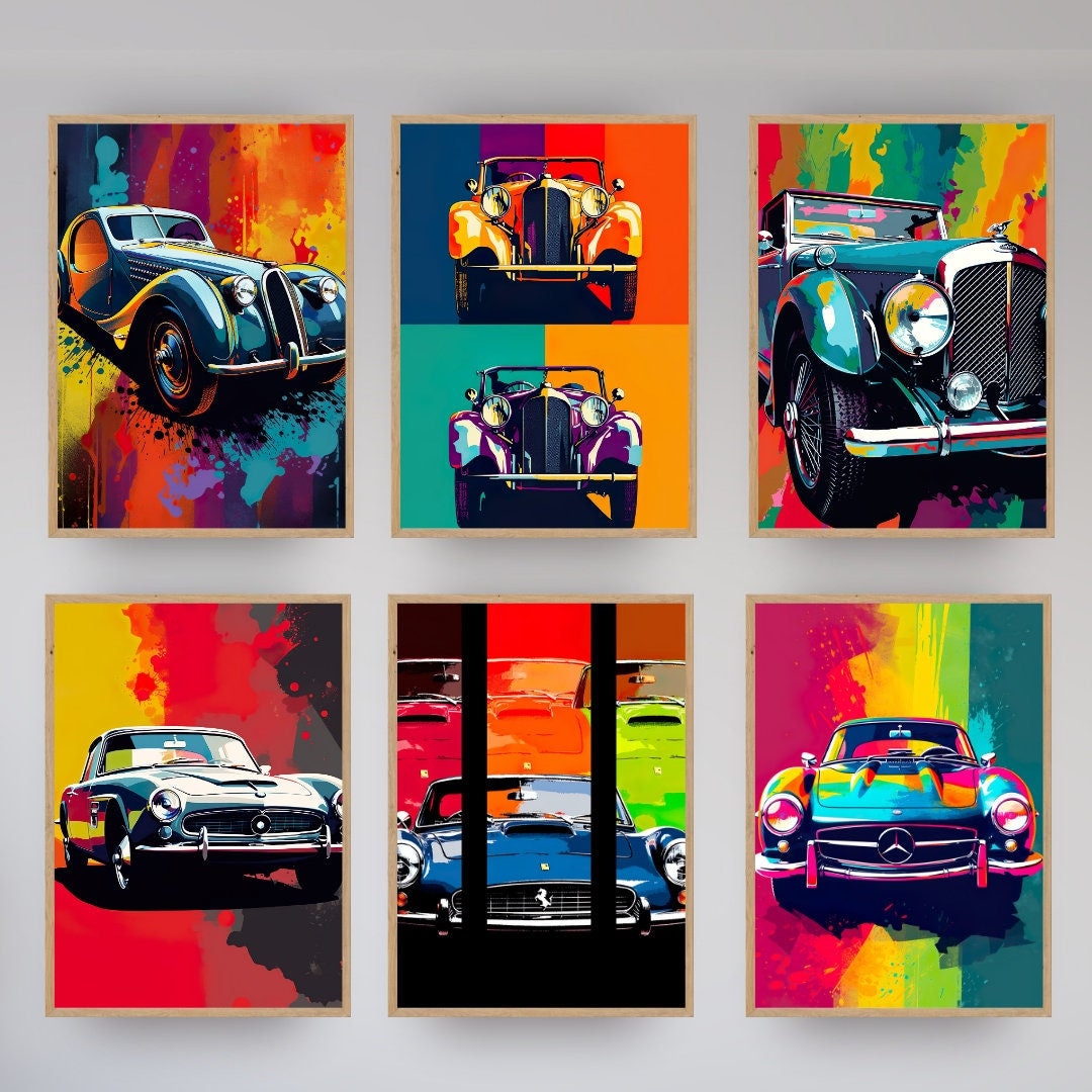 Vintage Pop Art Car Prints, Colorful Retro Car Wall Art Set of 6 V2