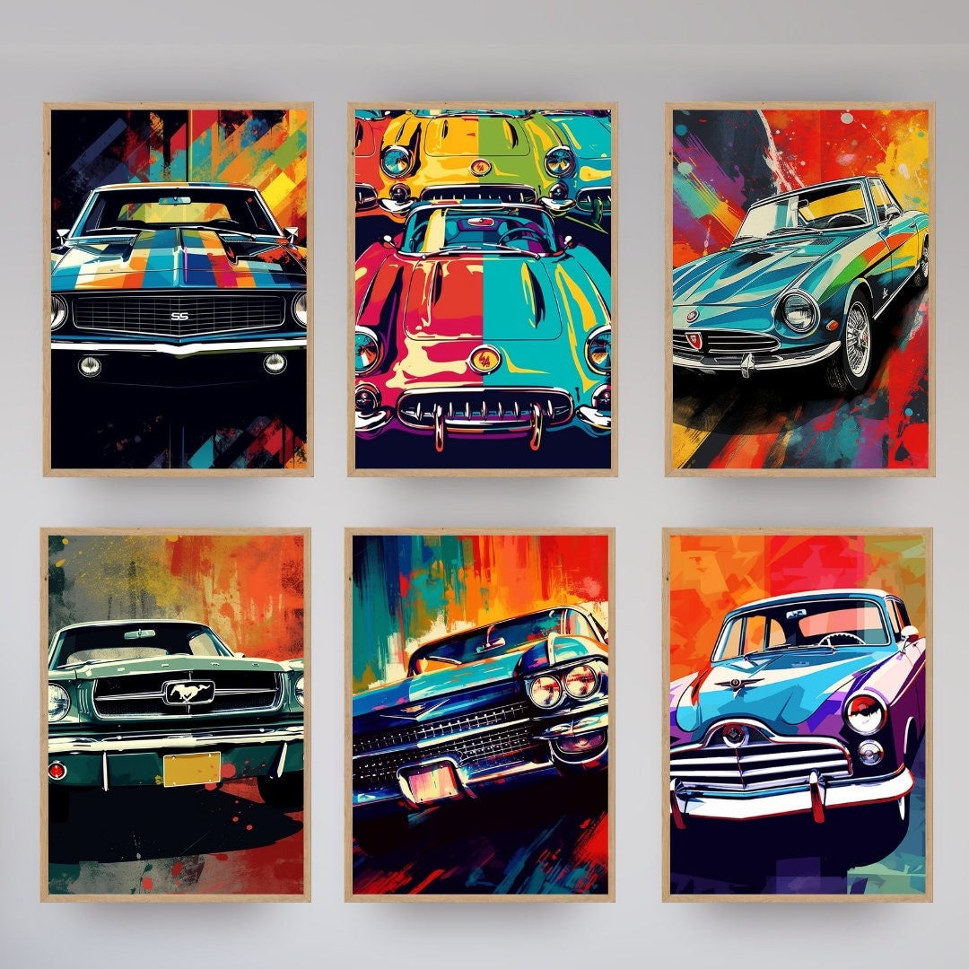 Vintage Pop Art Car Prints, Colorful Retro Car Wall Art Set of 6, Classic Vehicle Home Decor, Vintage Cars Illustration, Digital Download
