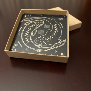 Circuit Board Coasters - Yin Yang Koi floating in a circuit pond gold - Set of 2 - coffee tea computer gift cup PCB bar coaster