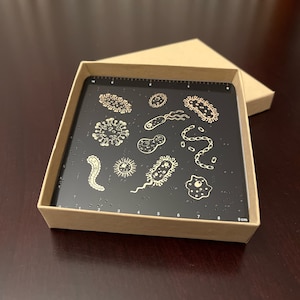 May include: A black acrylic coaster with a ruler printed on the bottom edge and a white outline of various types of bacteria and microorganisms. The coaster is in a brown cardboard box.