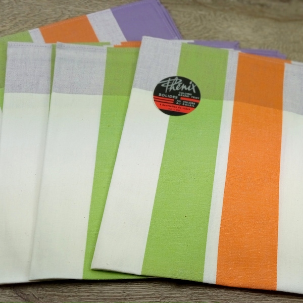 Lot 4 serviettes de table retro vintage années 60 rayures vert orange violet neuves  Phenix