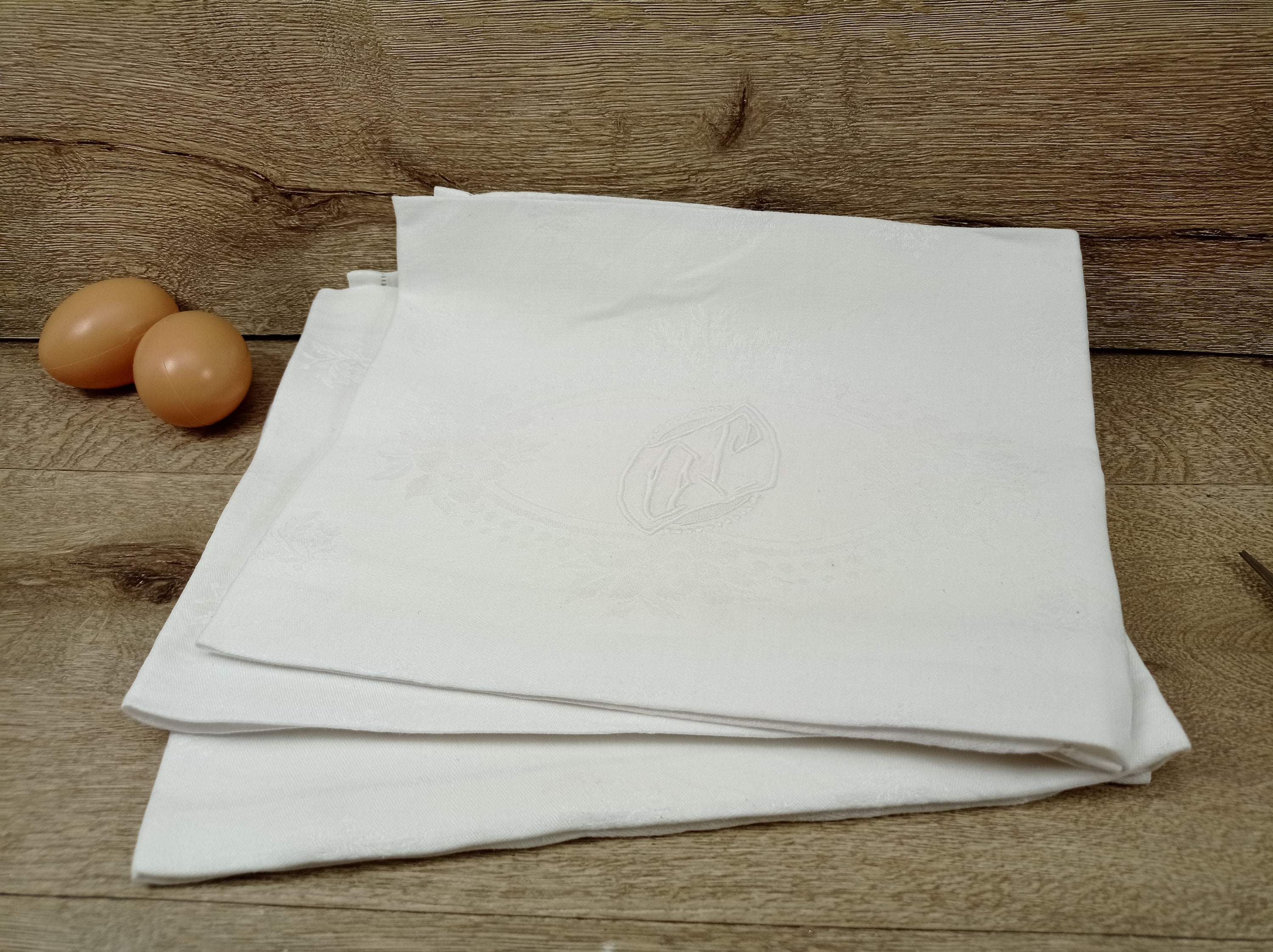 Superb set of 3 old large white tea towels embroidered initials J D in cotton damask office kitchen openwork household linen 80CM/65CM