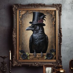 May include: A framed painting of a black crow wearing a top hat with a red rose. The crow is perched on a branch with black flowers in the background. The frame is ornate and gold.